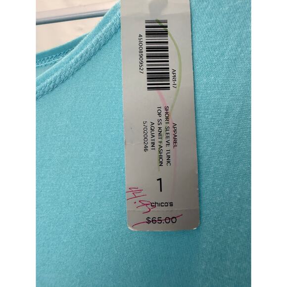 NEW Chico's Short Sleeve Tunic Top Knit Aqua with Tags Size 1 Medium Lightweight - Picture 4 of 5